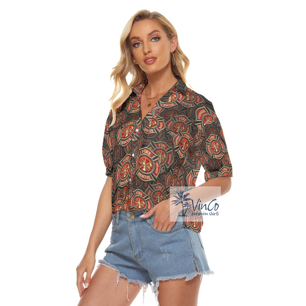 Fire Rescue Honor Courage Firefighter Hawaiian Cropped Shirt For Women