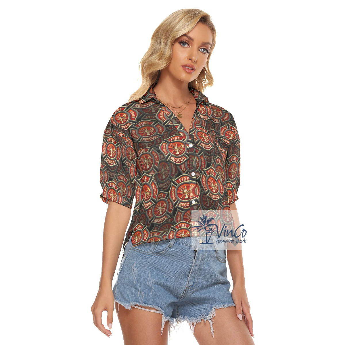 Fire Rescue Honor Courage Firefighter Hawaiian Cropped Shirt For Women
