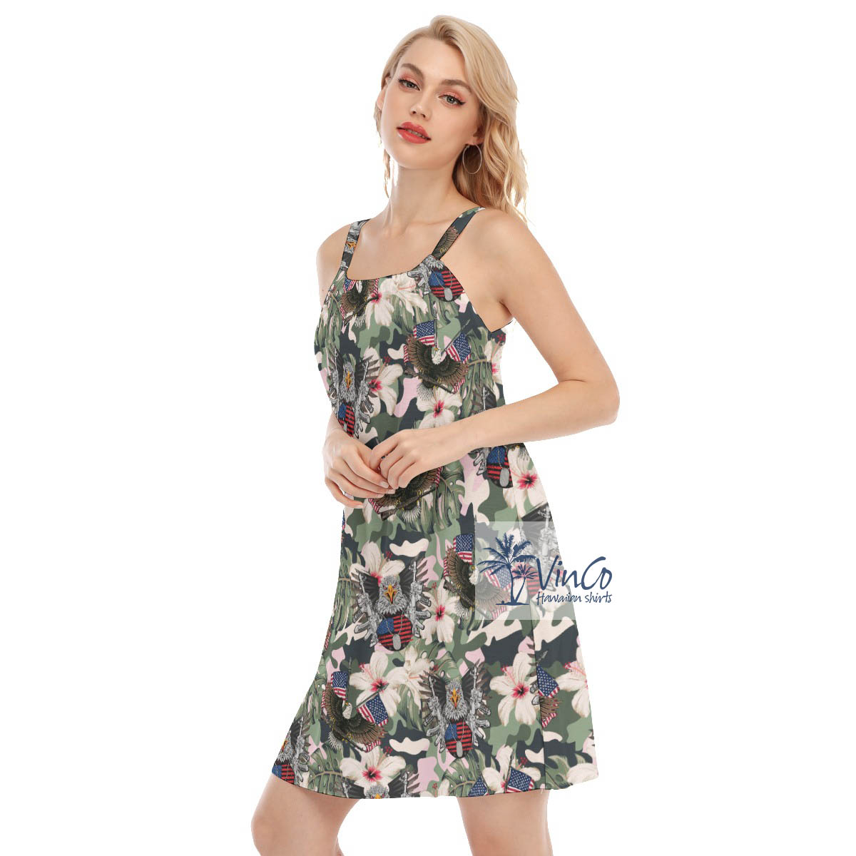 Floral Hibiscus American Flag Gun Tactical Hawaiian Cami Dress