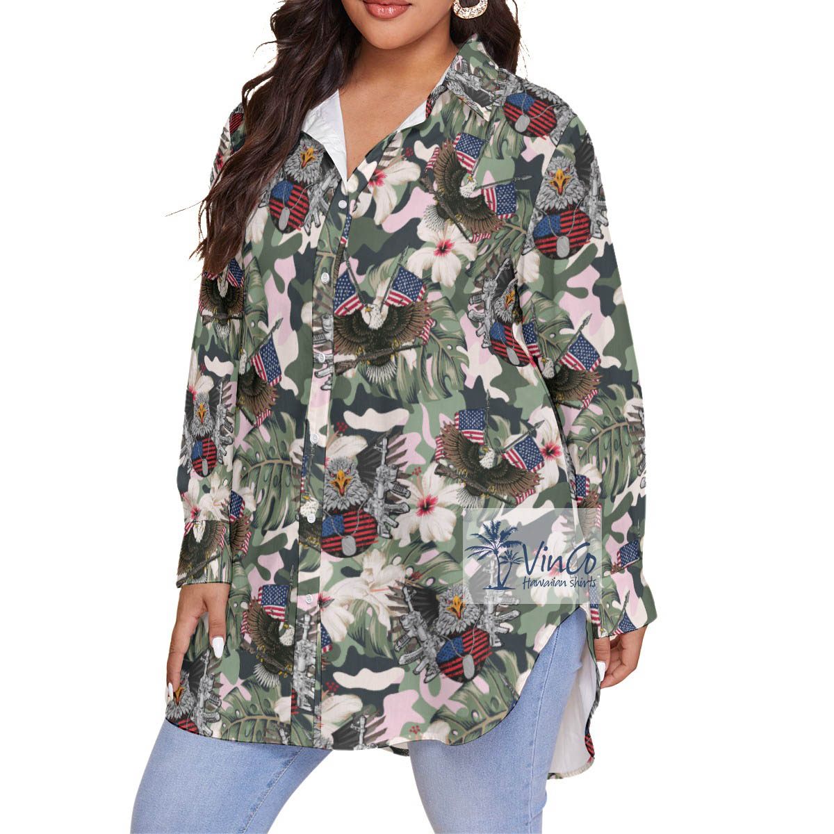 Cool American Eagle Gun Camo Hibiscus Hawaiian Plus Size Shirt For Women