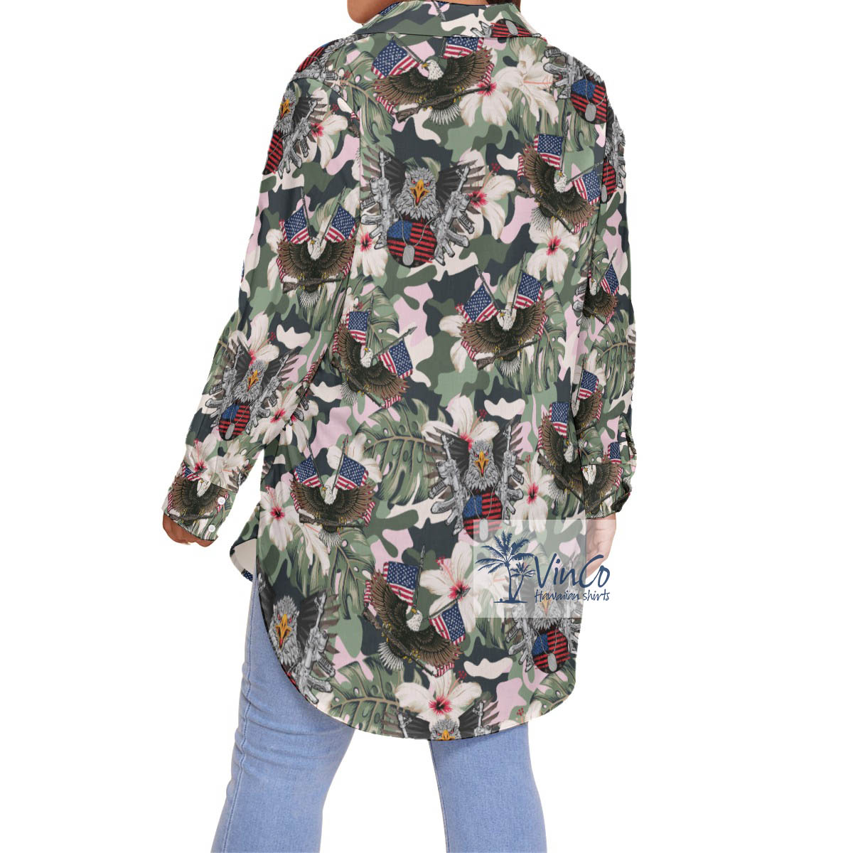 Cool American Eagle Gun Camo Hibiscus Hawaiian Plus Size Shirt For Women
