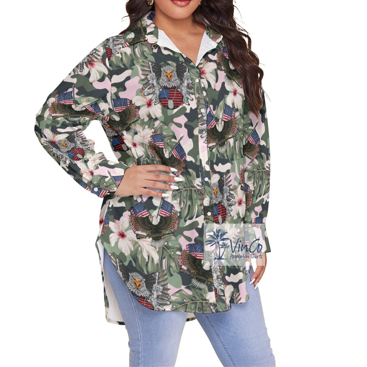 Cool American Eagle Gun Camo Hibiscus Hawaiian Plus Size Shirt For Women