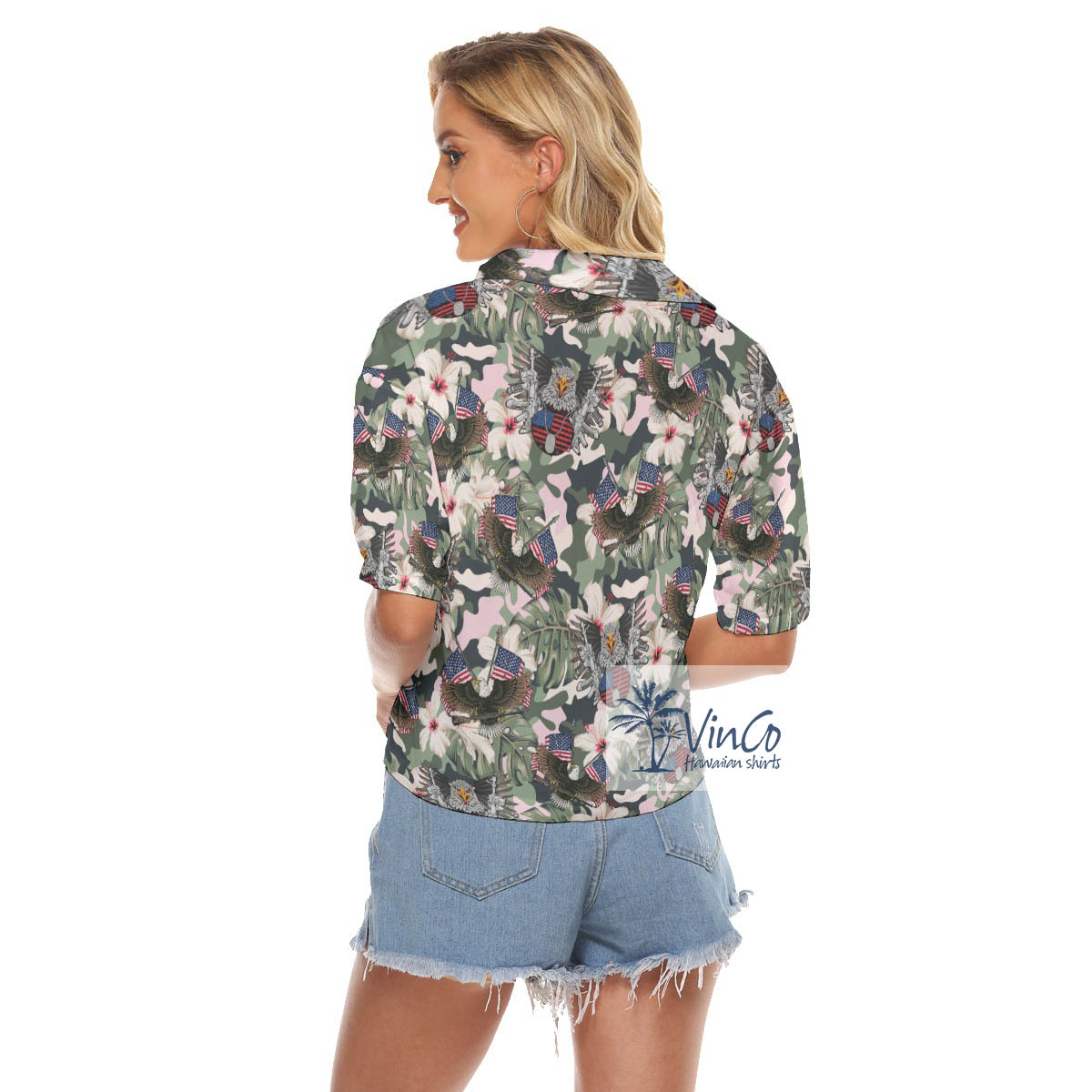 American Eagle Gun Tactical Hibiscus Hawaiian Crop Top Shirt For Women