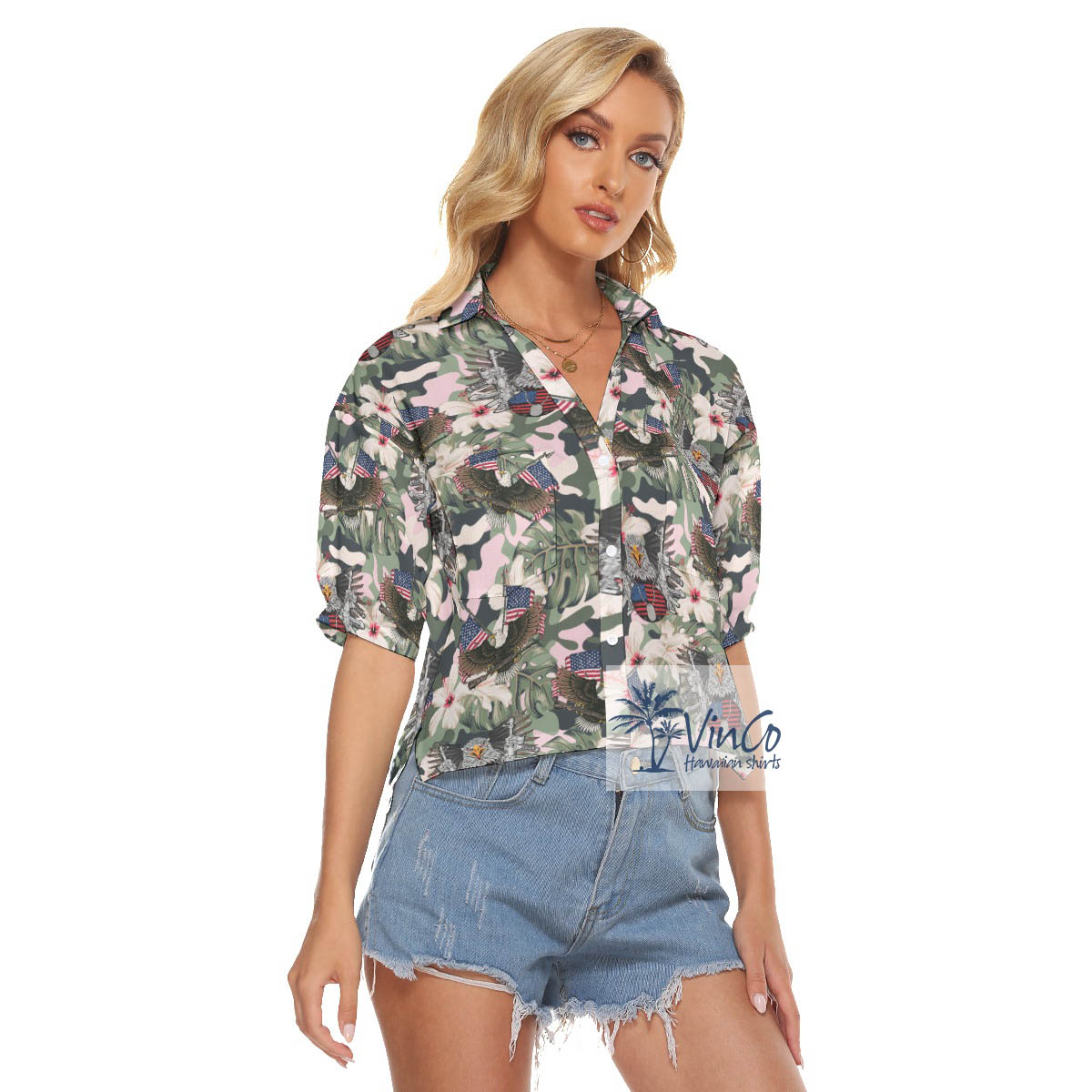 American Eagle Gun Tactical Hibiscus Hawaiian Crop Top Shirt For Women