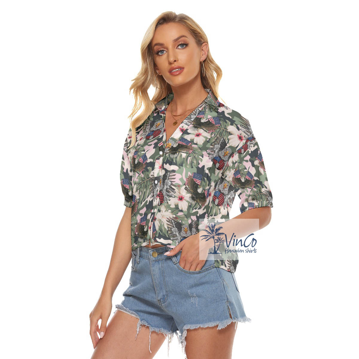 American Eagle Gun Tactical Hibiscus Hawaiian Crop Top Shirt For Women