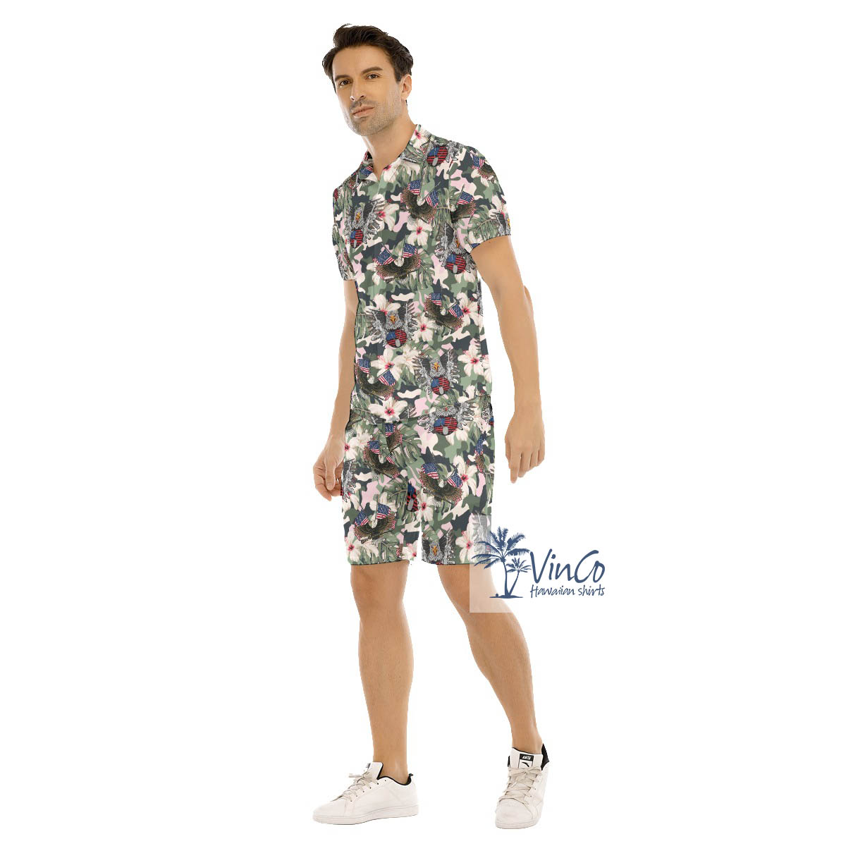 Army American Eagle Gun Camo Hibiscus Hawaiian Shirt And Shorts For Men