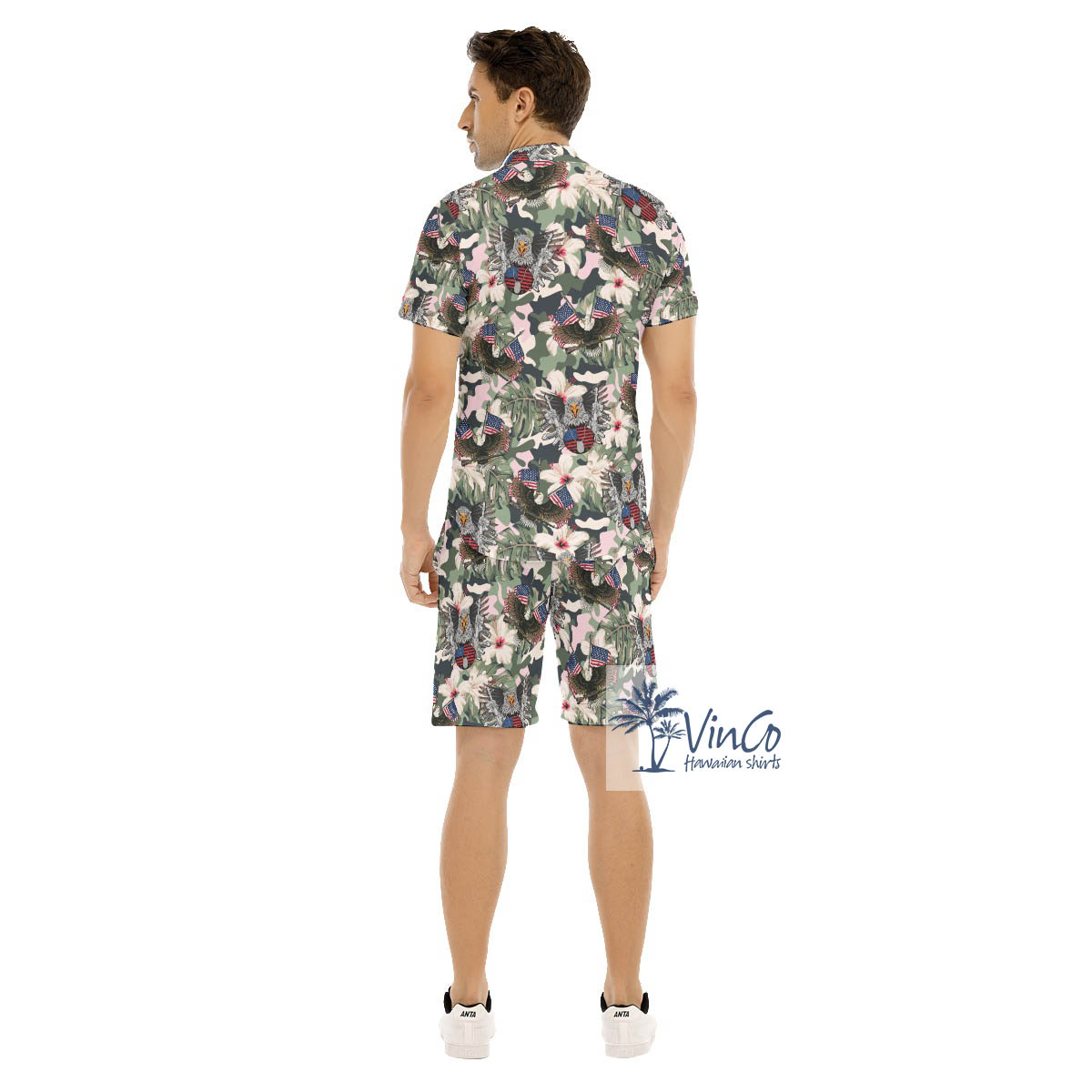 Army American Eagle Gun Camo Hibiscus Hawaiian Shirt And Shorts For Men