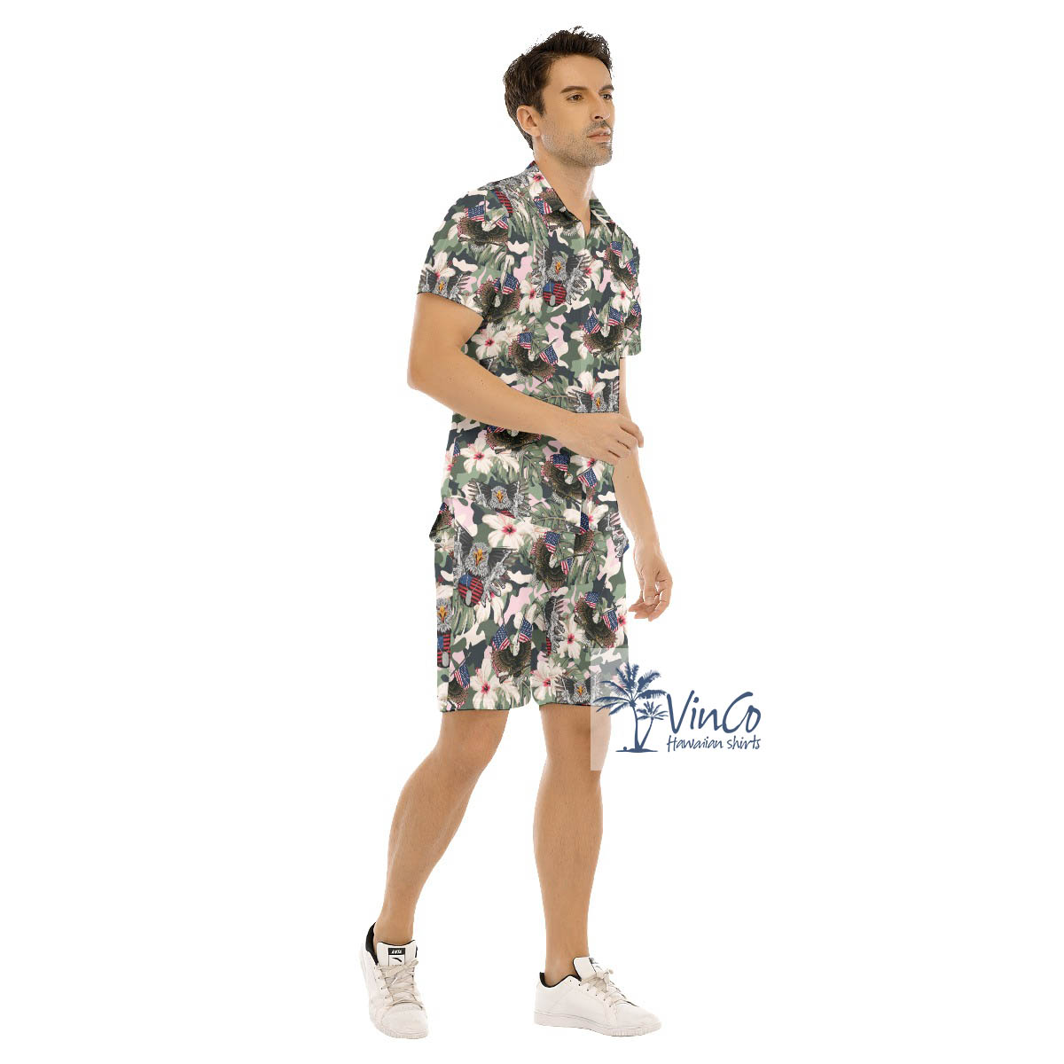 Army American Eagle Gun Camo Hibiscus Hawaiian Shirt And Shorts For Men