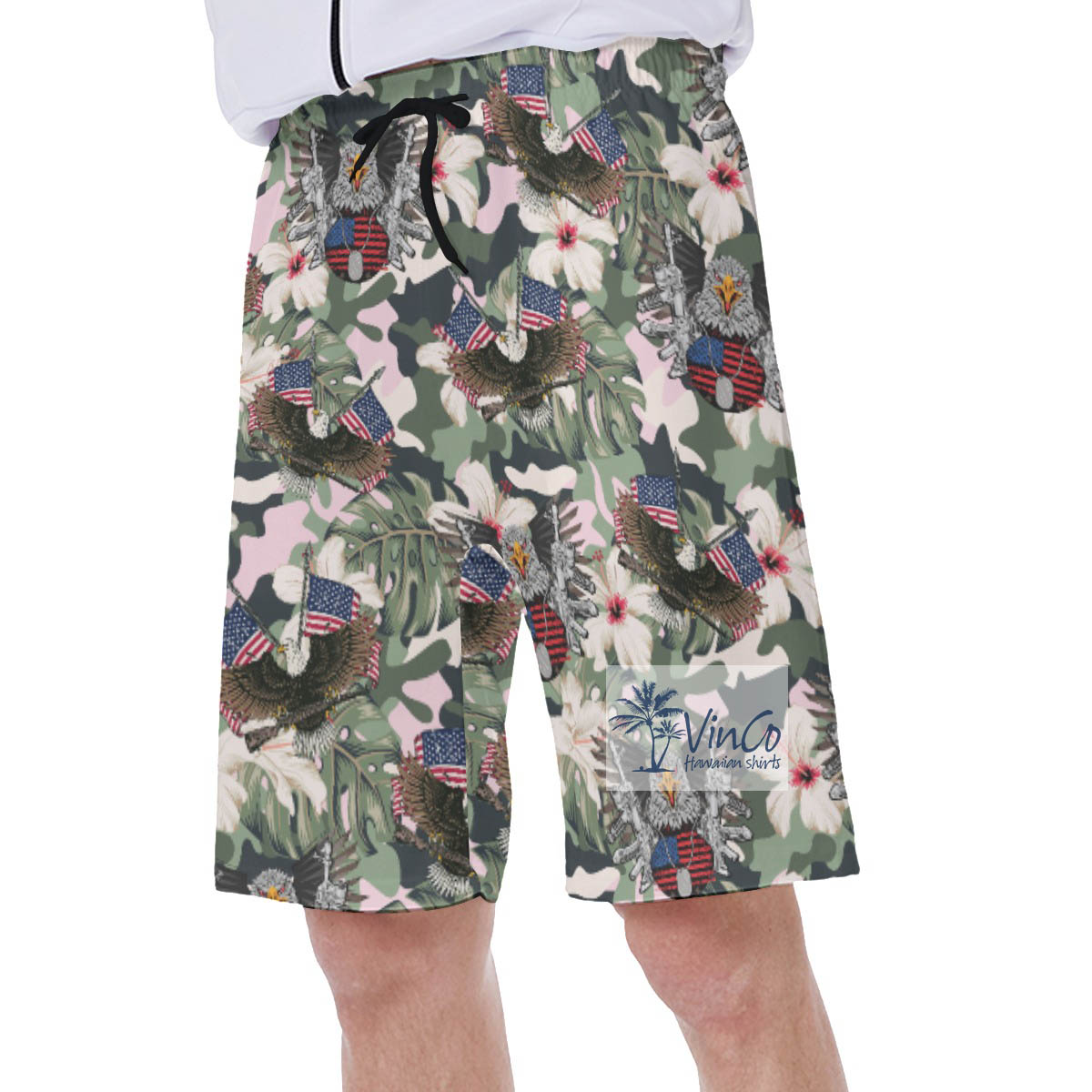 Cool American Eagle Gun Floral Army Hawaiian Swimwear For Men