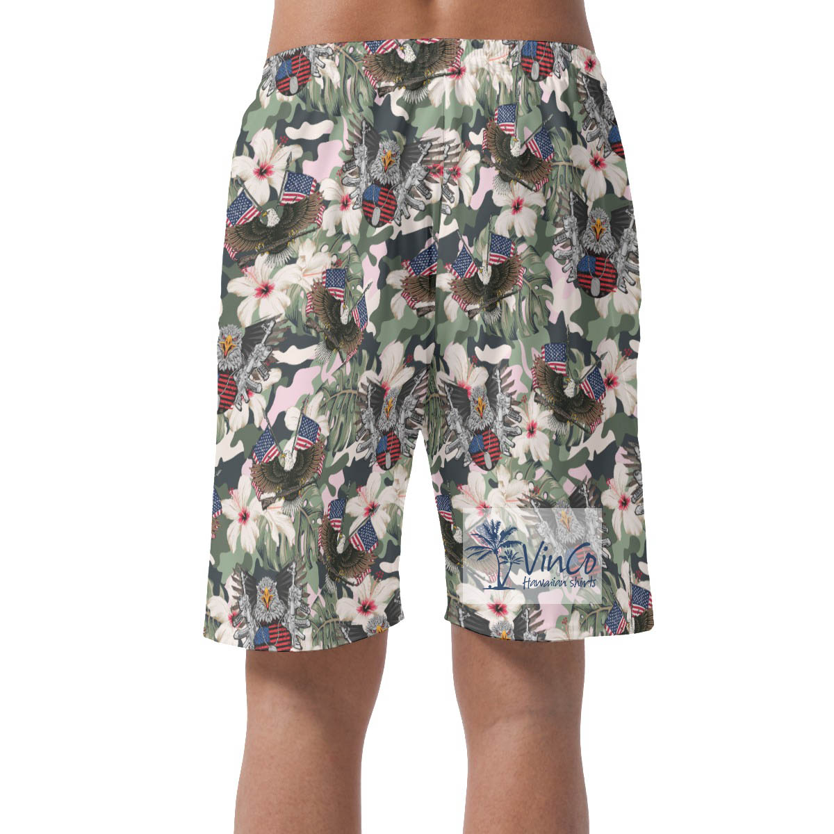 Hibiscus American Eagle Gun Military Hawaiian Beach Shorts For Men
