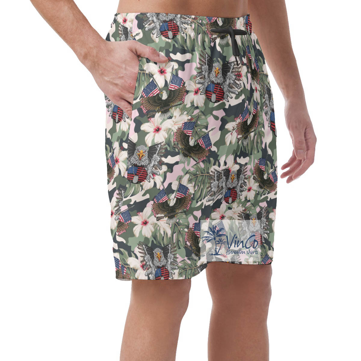 Hibiscus American Eagle Gun Military Hawaiian Beach Shorts For Men