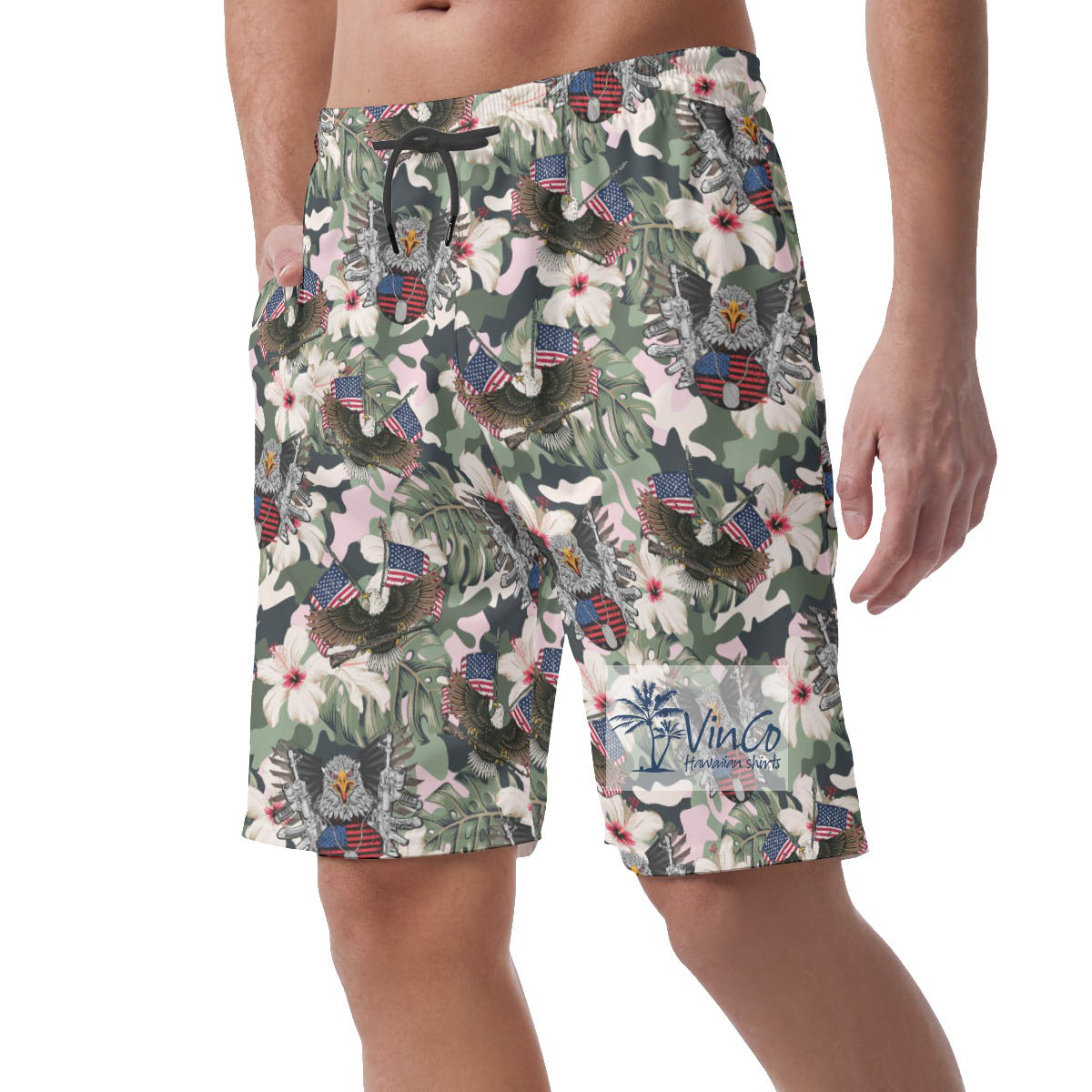 Hibiscus American Eagle Gun Military Hawaiian Beach Shorts For Men
