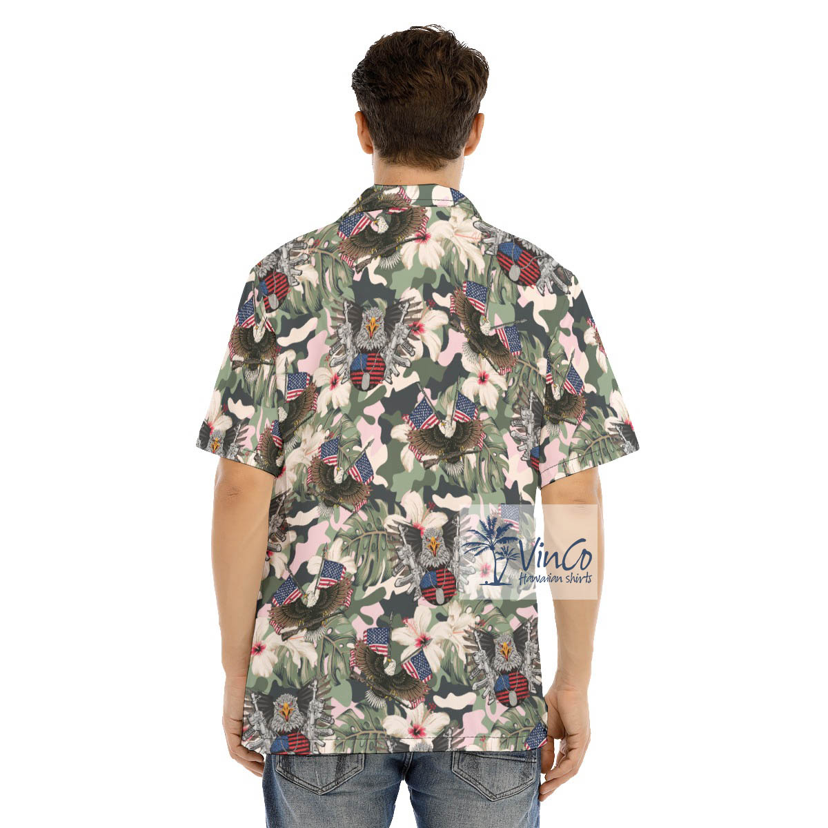 American Eagle With Gun Tactical Camo Hibiscus Hawaiian Shirt