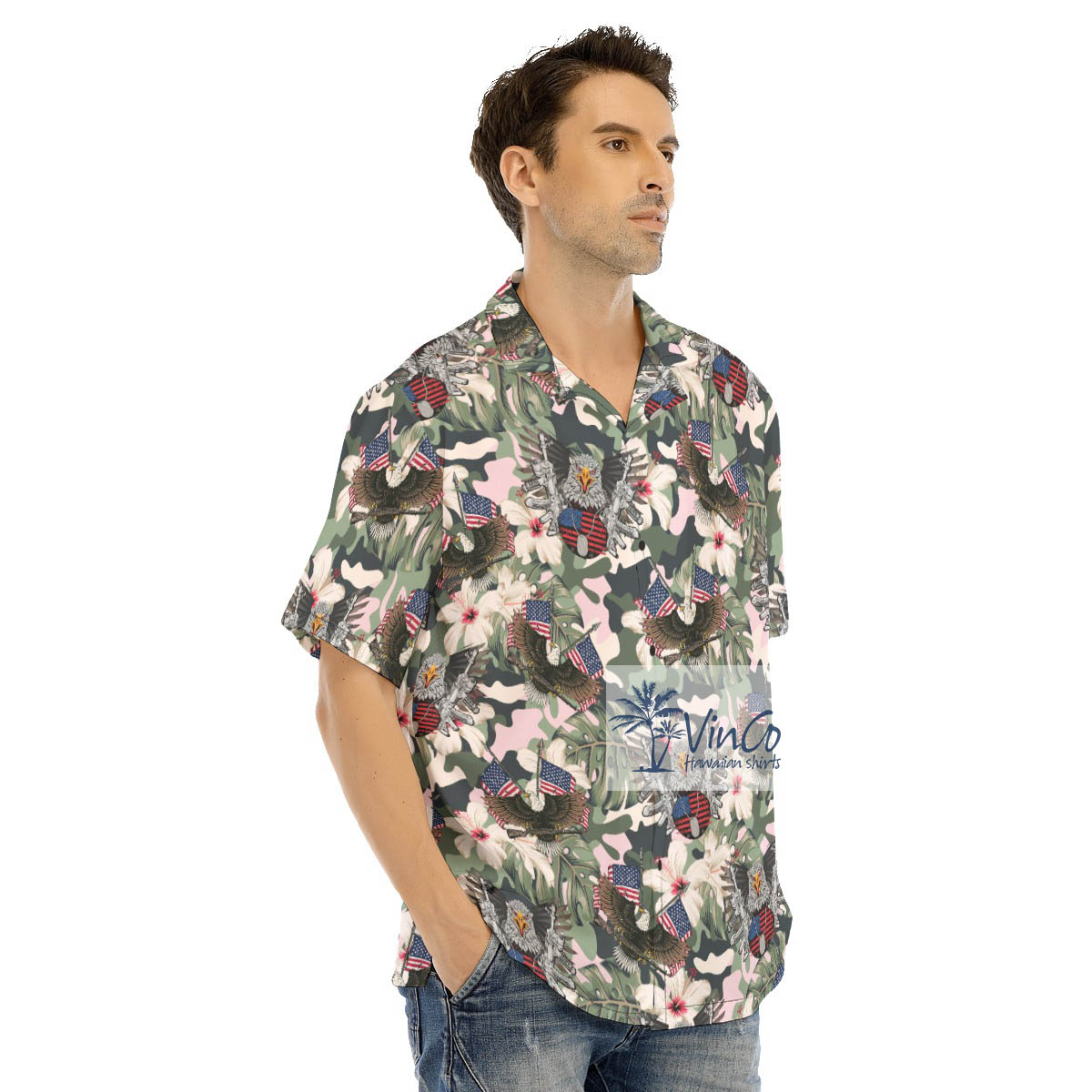 American Eagle With Gun Tactical Camo Hibiscus Hawaiian Shirt