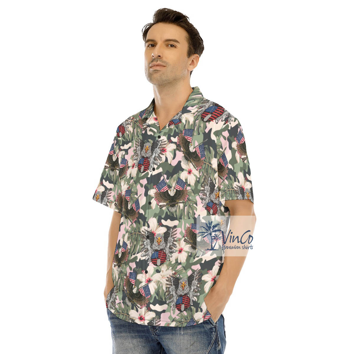 American Eagle With Gun Tactical Camo Hibiscus Hawaiian Shirt