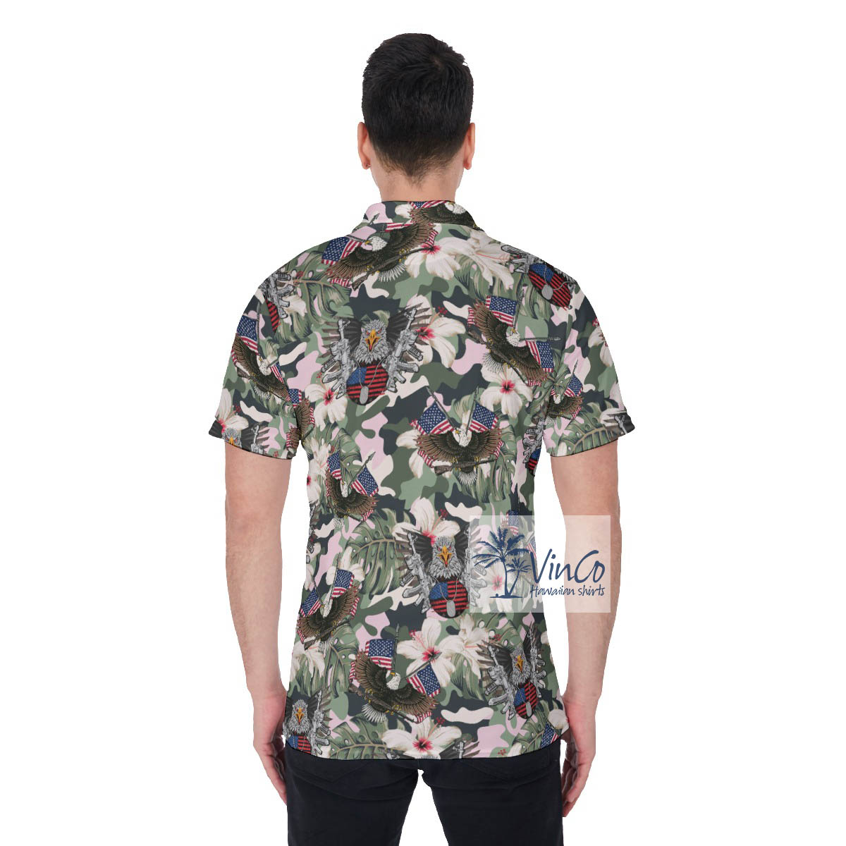 Cool American Eagle Army Camo Hibiscus Hawaiian Polo Shirt