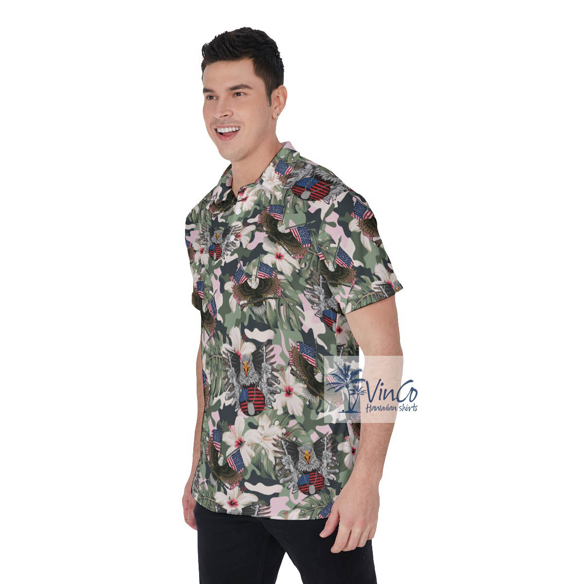 Cool American Eagle Army Camo Hibiscus Hawaiian Polo Shirt