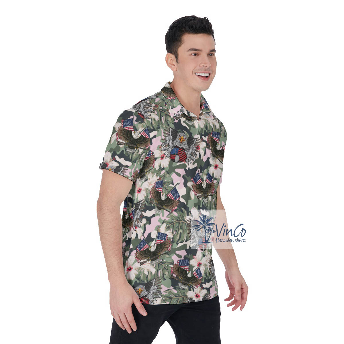 Cool American Eagle Army Camo Hibiscus Hawaiian Polo Shirt