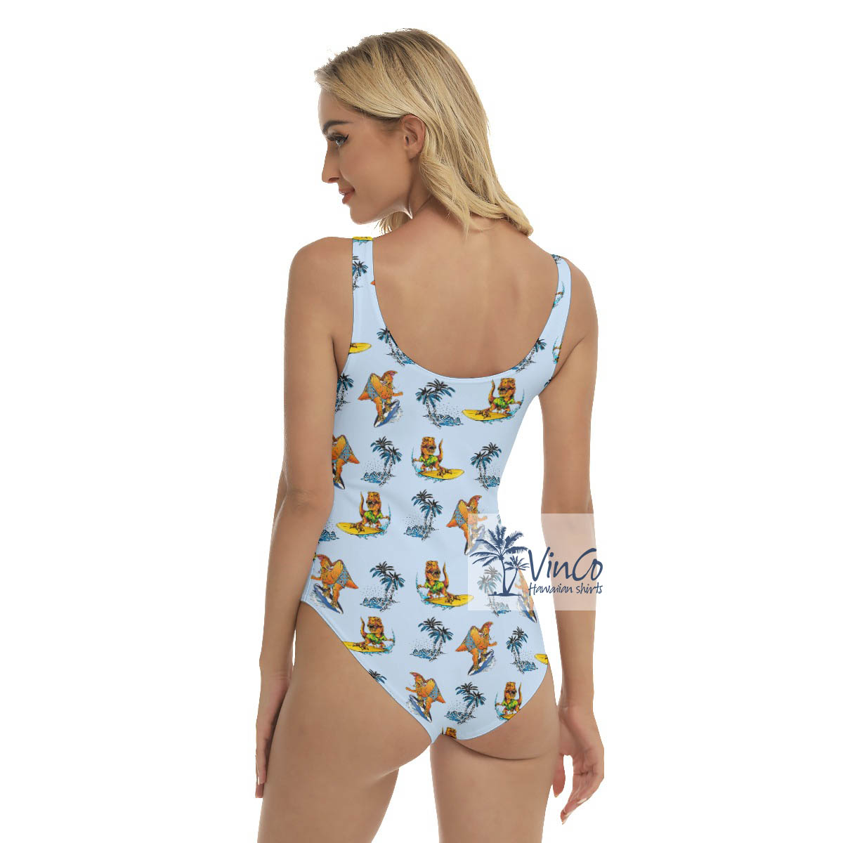 Funny Tropical Dinosaur Surfing Palm Tree Hawaiian Swimsuit