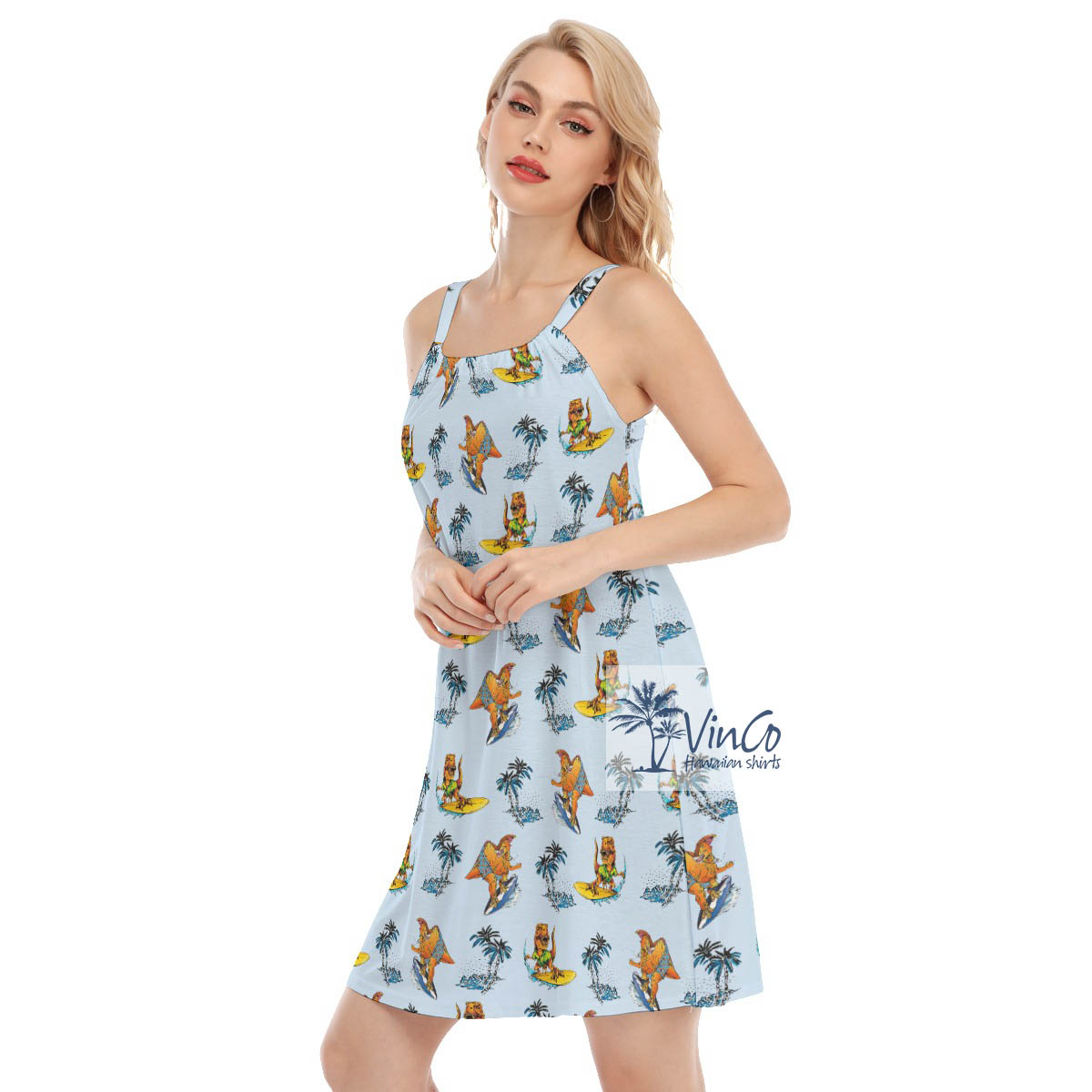 Funny Surfing Dinosaur Tropical Blue Aloha Cami Dress