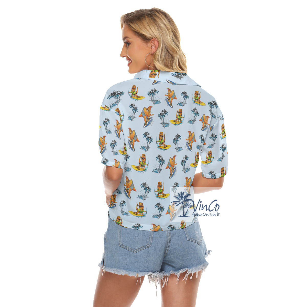 Tropical Dinosaur Surfing Palm Tree Hawaiian Blue Crop Top Shirt