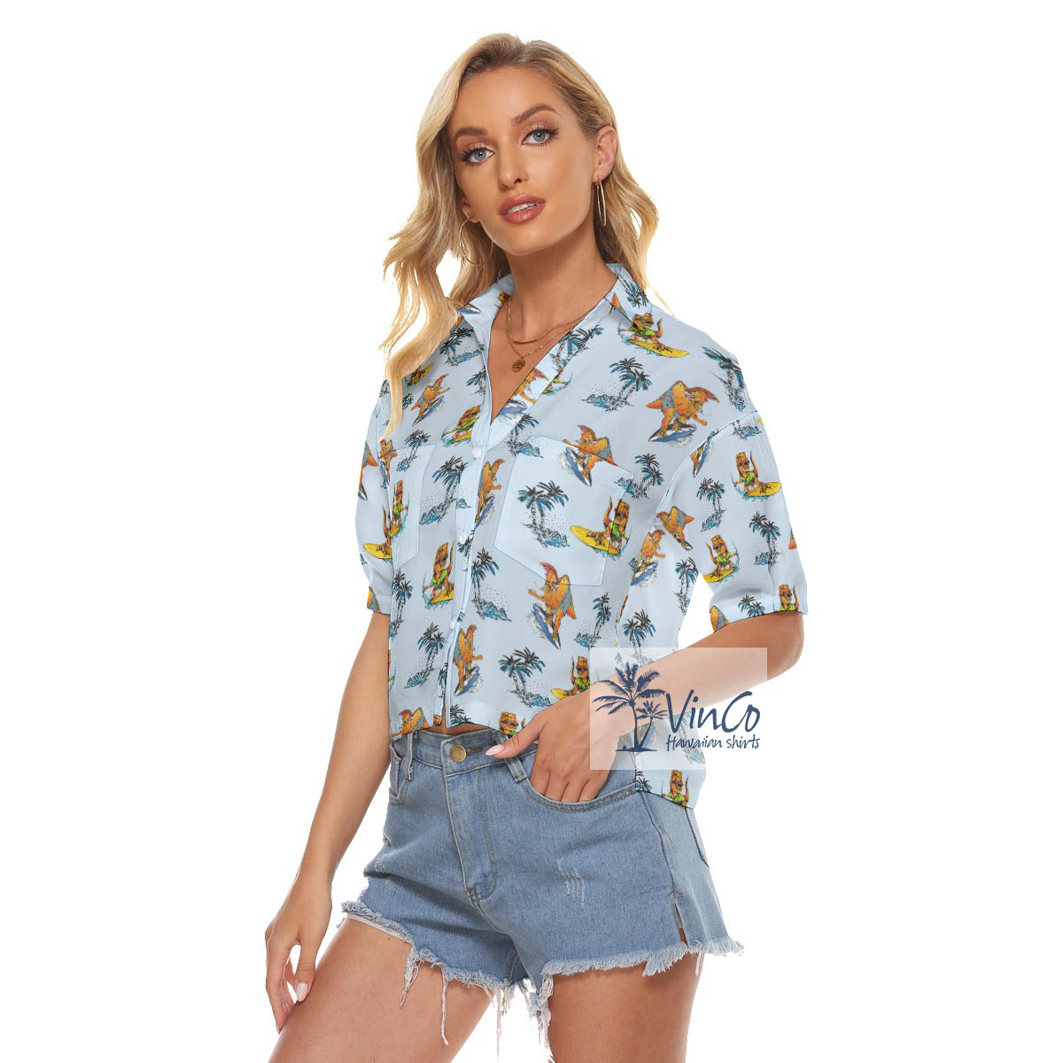 Tropical Dinosaur Surfing Palm Tree Hawaiian Blue Crop Top Shirt