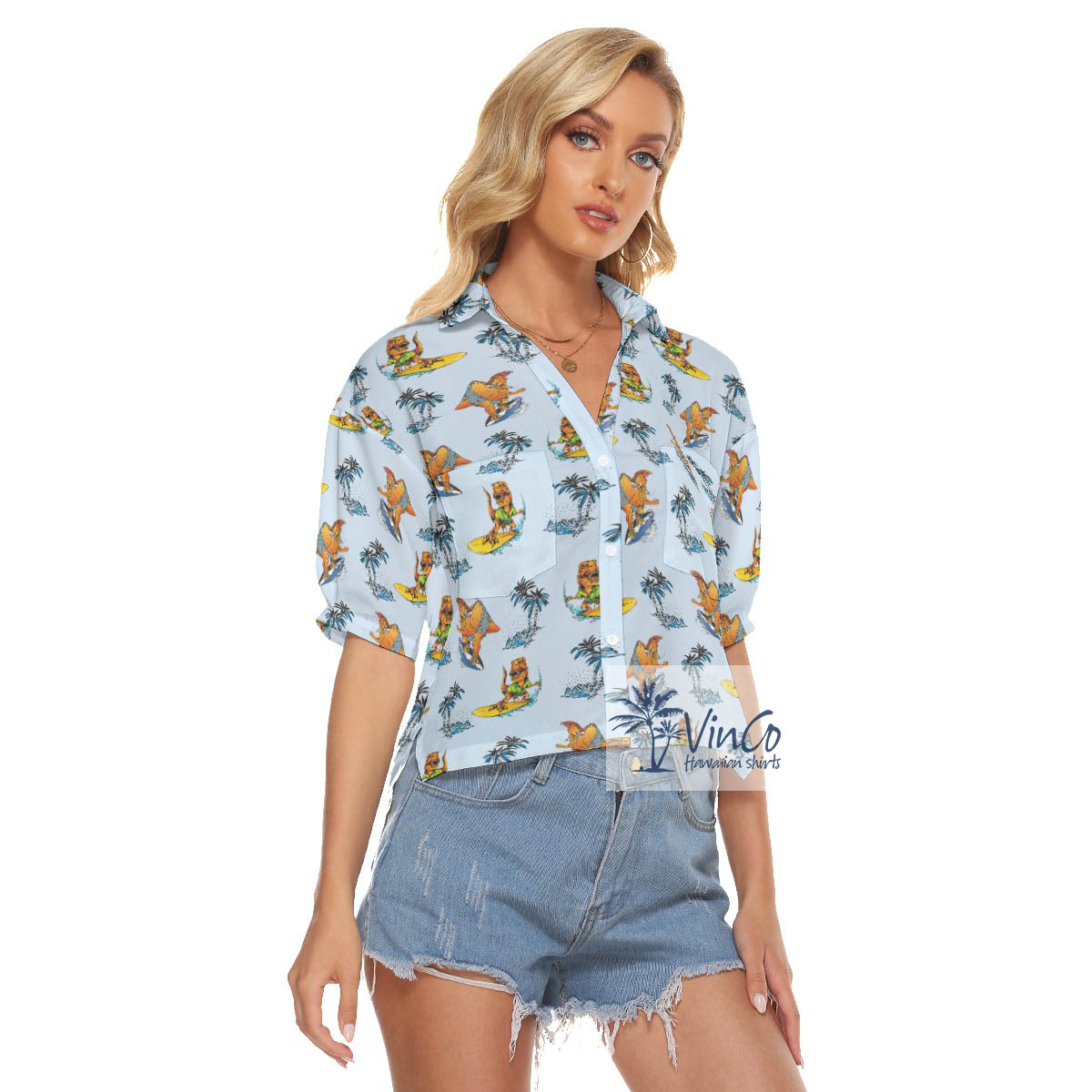 Tropical Dinosaur Surfing Palm Tree Hawaiian Blue Crop Top Shirt