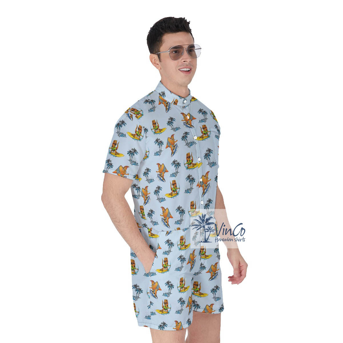 Funny Surfing Dinosaur Tropical Palm Tree Blue Hawaiian Romper