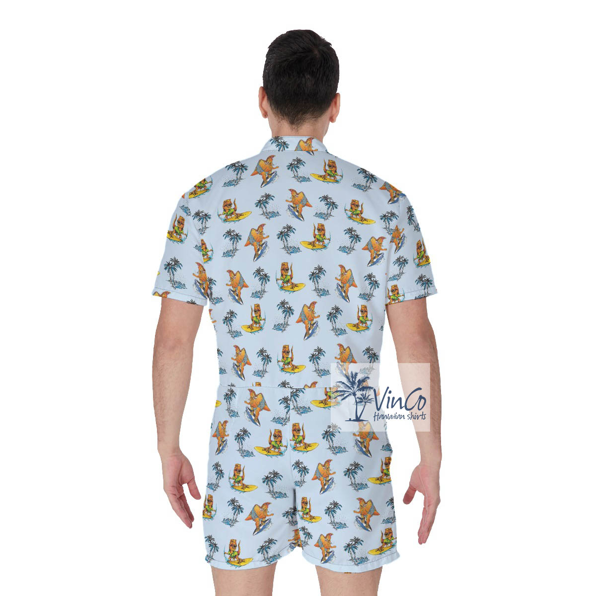 Funny Surfing Dinosaur Tropical Palm Tree Blue Hawaiian Romper