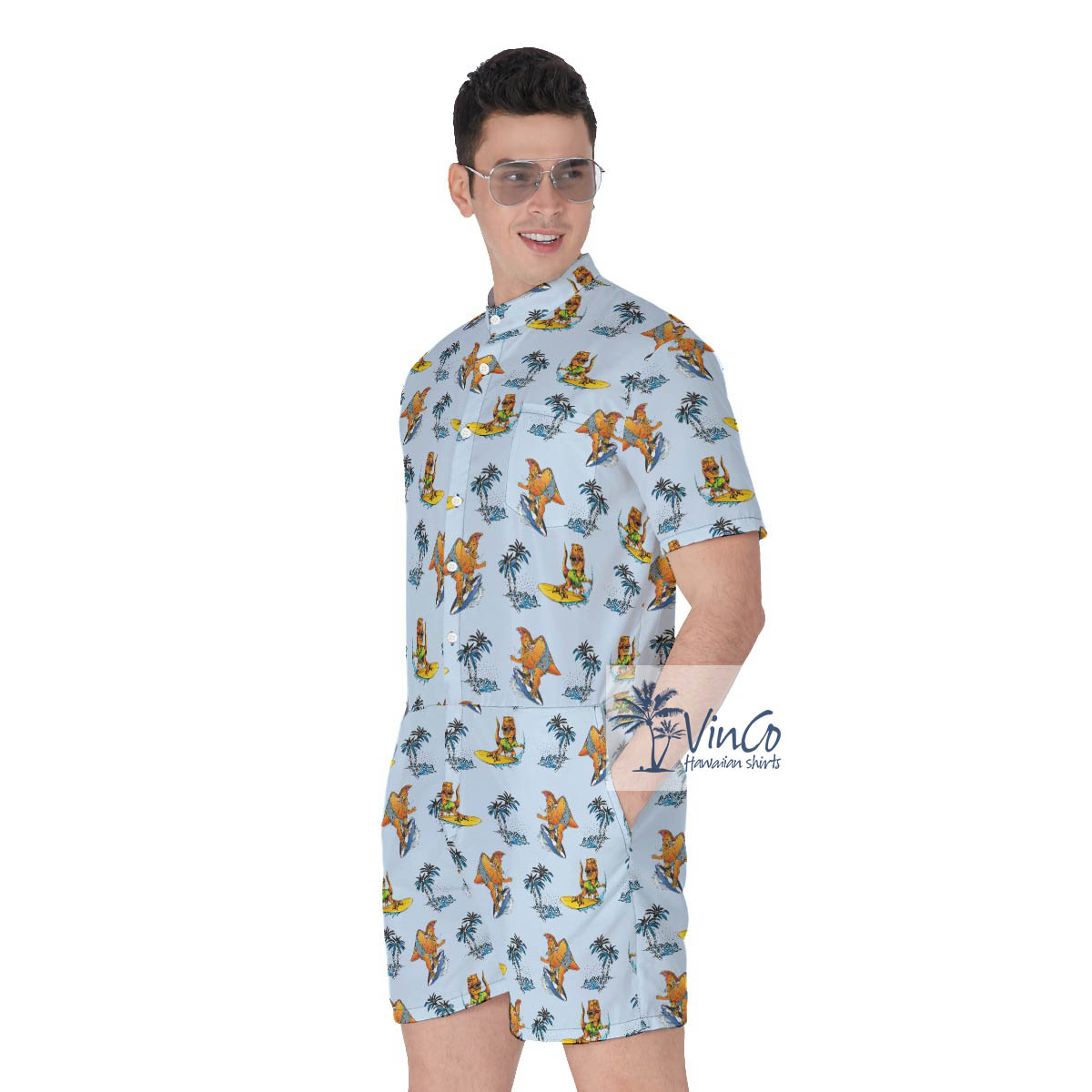 Funny Surfing Dinosaur Tropical Palm Tree Blue Hawaiian Romper