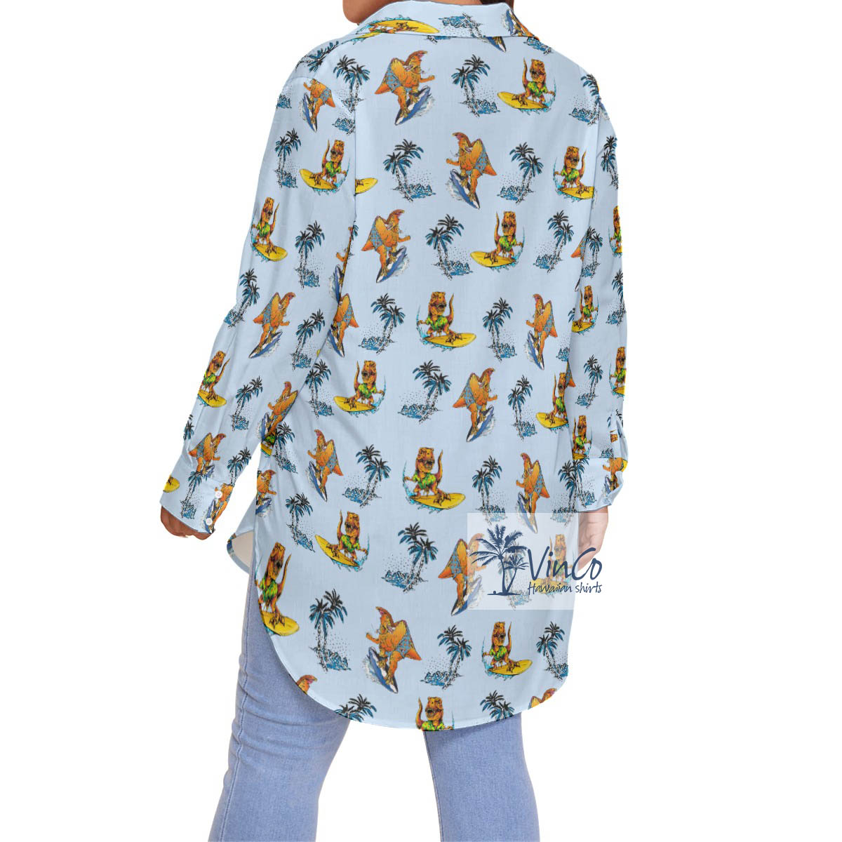 Funny Dinosaur Surfing Tropical Blue Hawaiian Plus Size Shirt