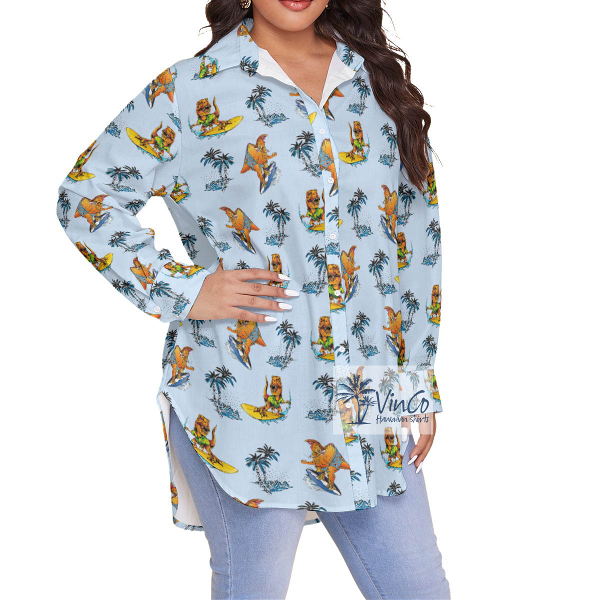 Funny Dinosaur Surfing Tropical Blue Hawaiian Plus Size Shirt