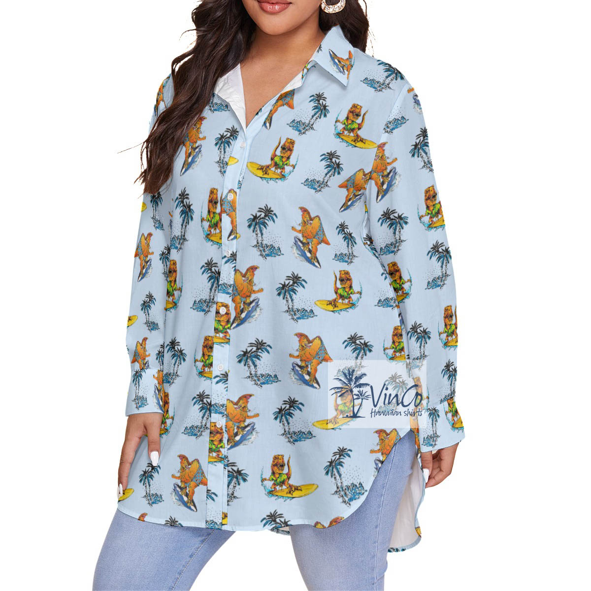 Funny Dinosaur Surfing Tropical Blue Hawaiian Plus Size Shirt