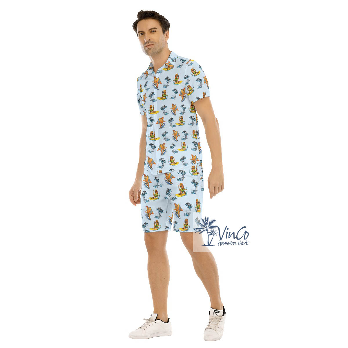 Tropical Dinosaur Surfing Palm Tree Hawaiian Shirt And Matching Shorts For Men
