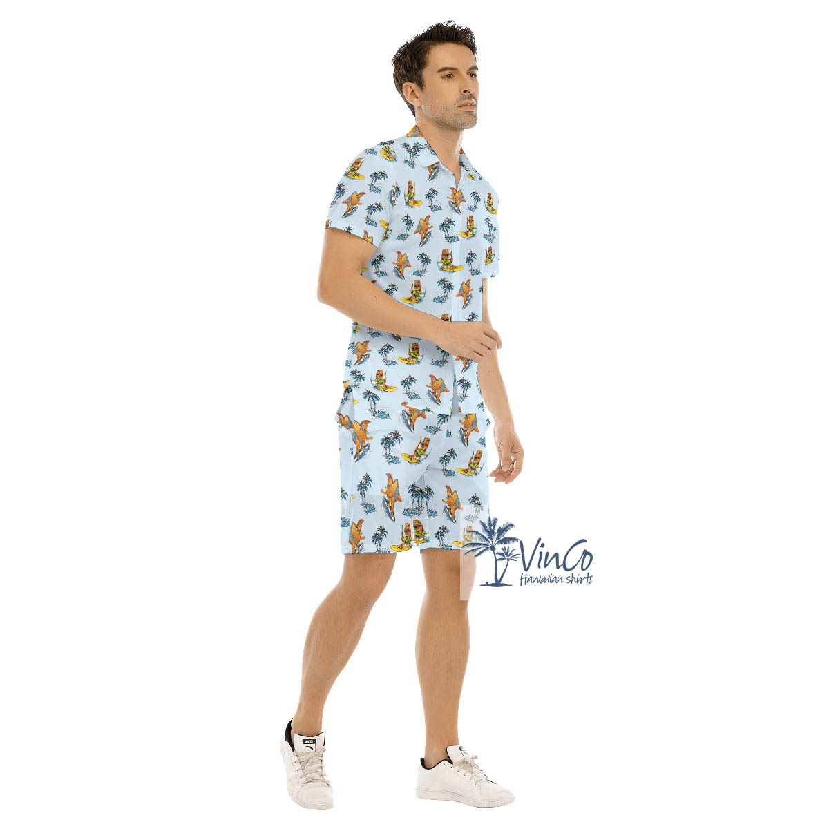 Tropical Dinosaur Surfing Palm Tree Hawaiian Shirt And Matching Shorts For Men
