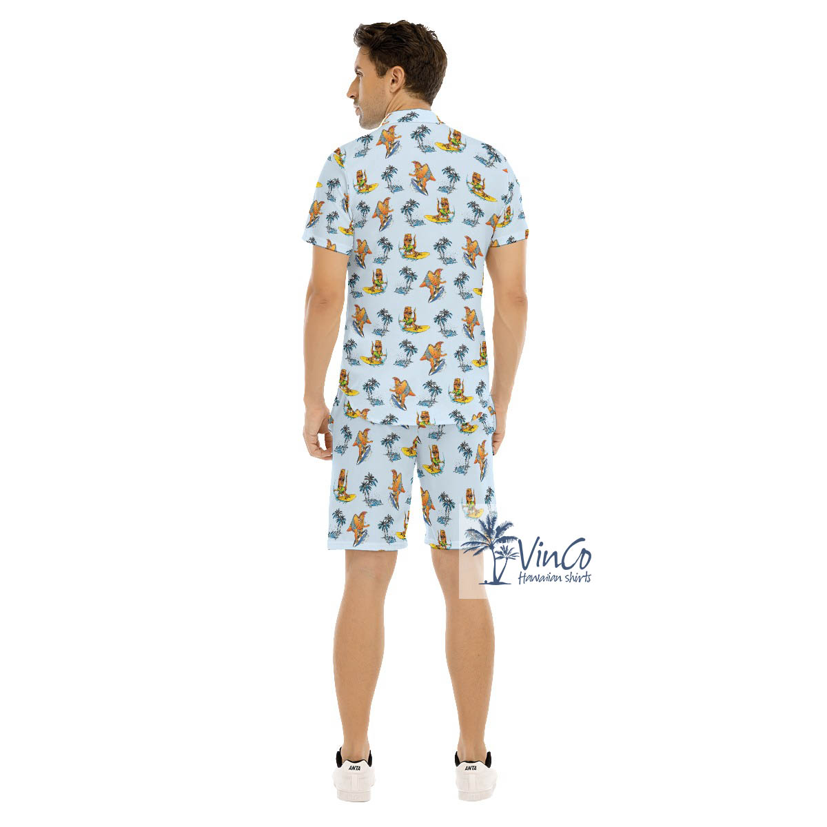 Tropical Dinosaur Surfing Palm Tree Hawaiian Shirt And Matching Shorts For Men