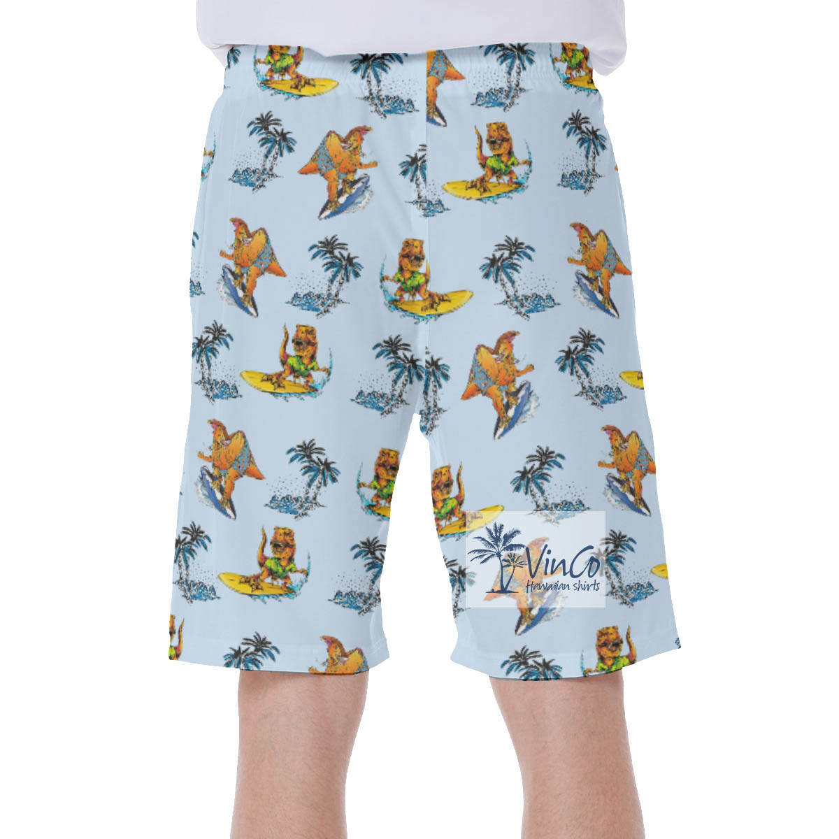 Funny Tropical Dinosaur Surfing Hawaiian Blue Swim Trunks For Men