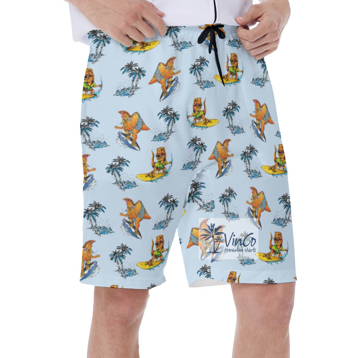 Funny Tropical Dinosaur Surfing Hawaiian Blue Swim Trunks For Men