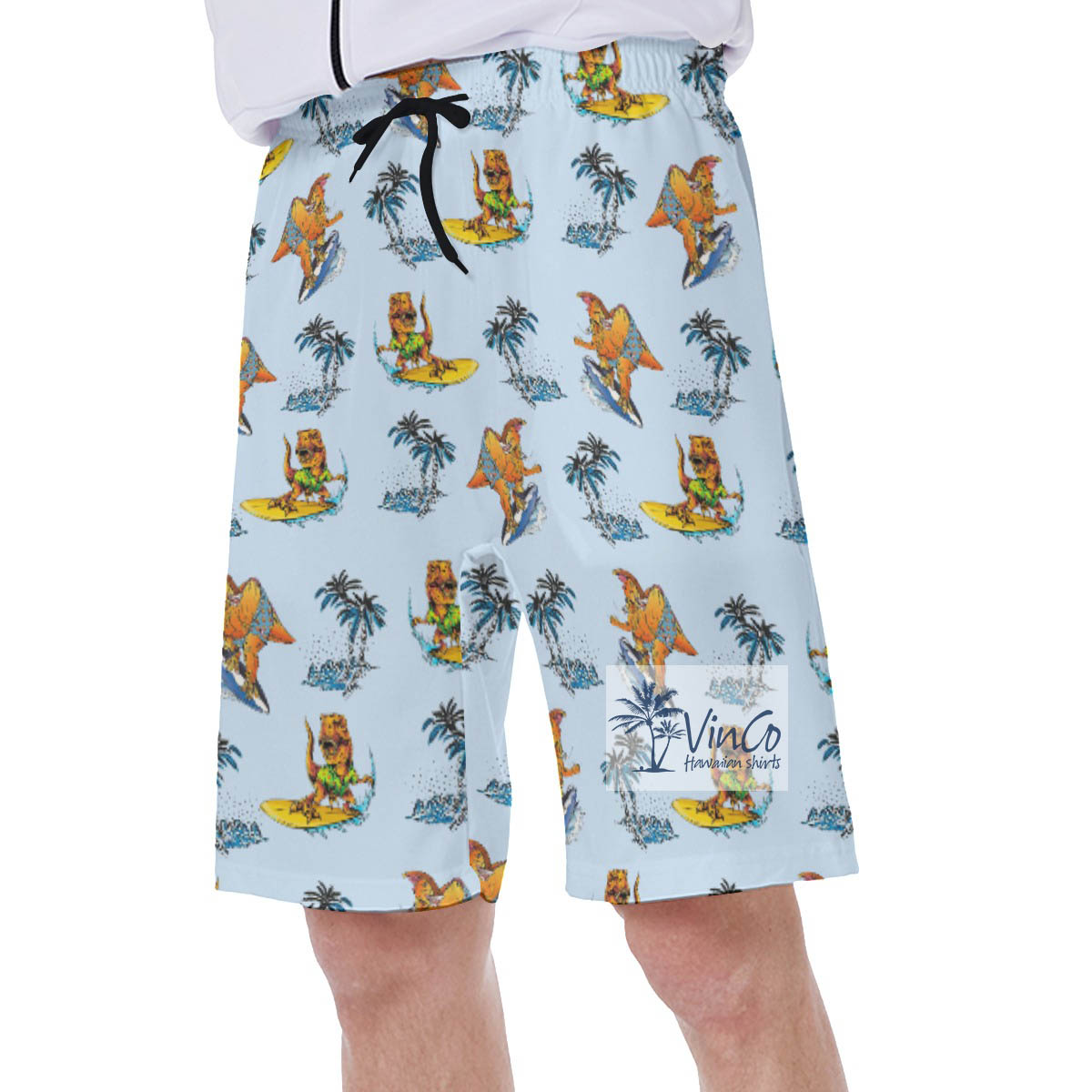 Funny Tropical Dinosaur Surfing Hawaiian Blue Swim Trunks For Men