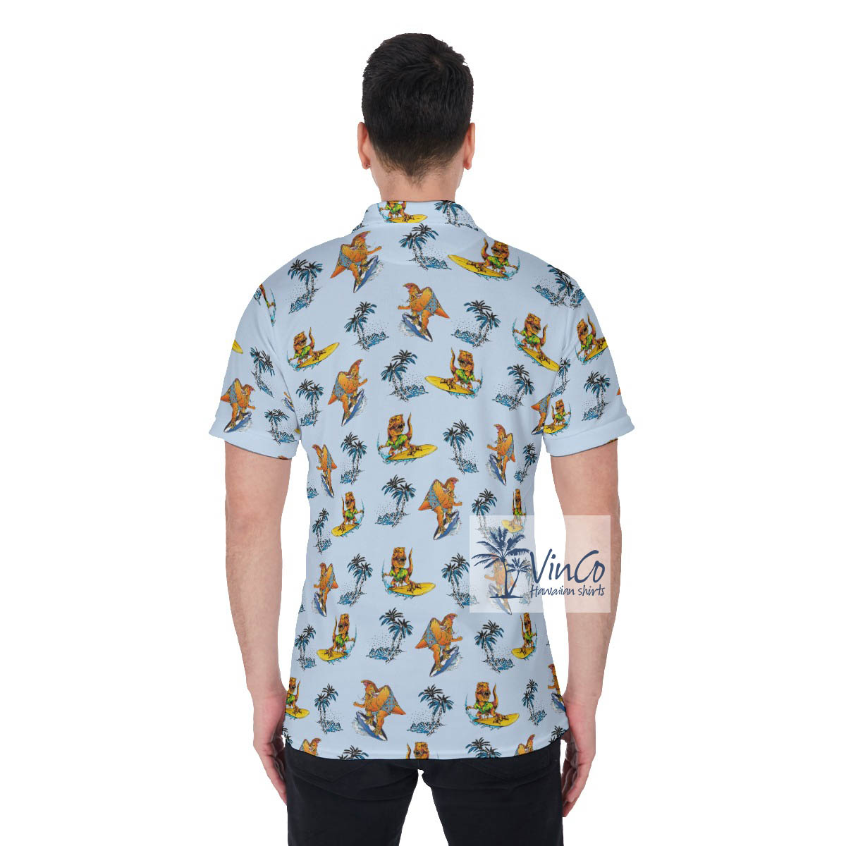 Funny Tropical Dinosaur Surfing Hawaiian Golf Shirt For Men
