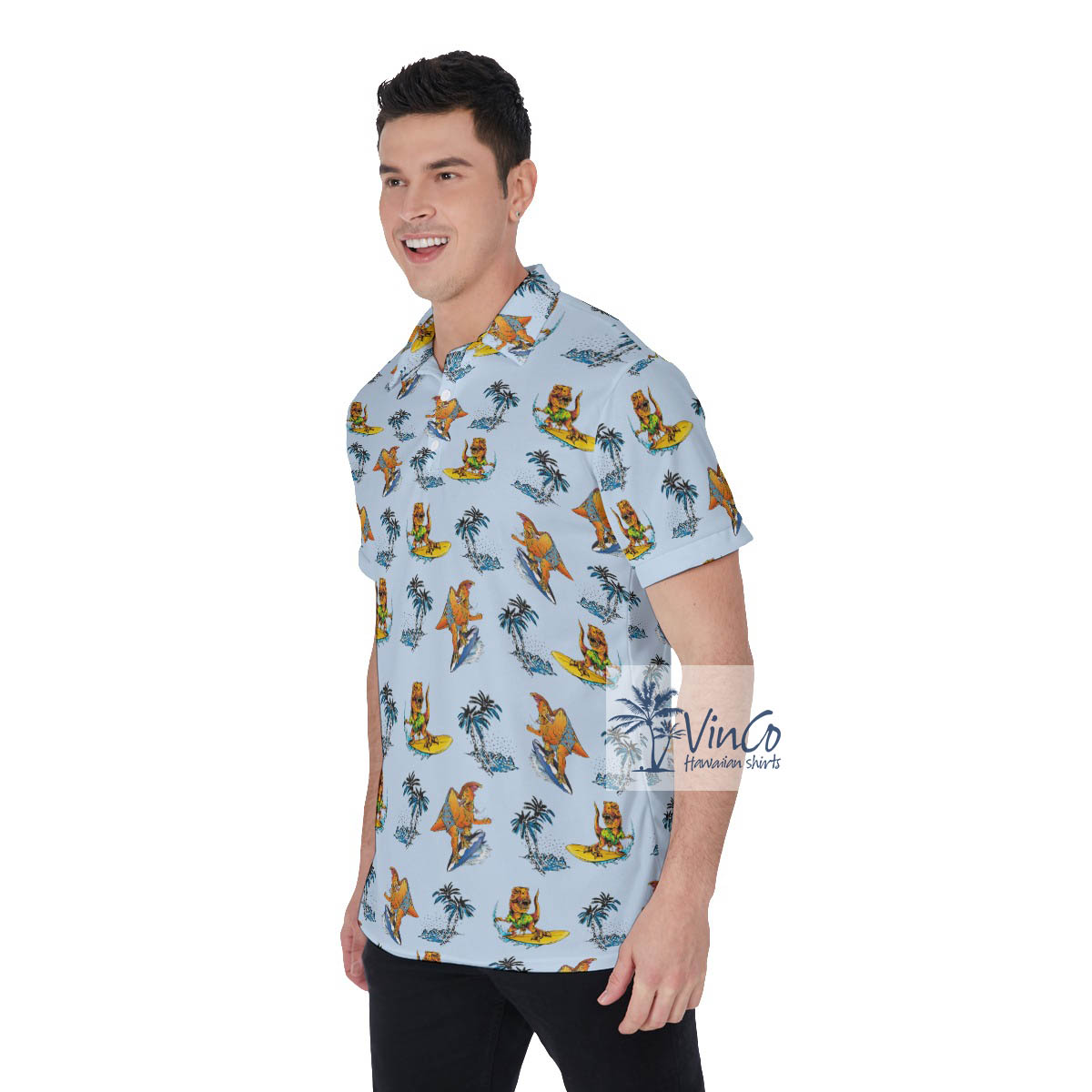 Funny Tropical Dinosaur Surfing Hawaiian Golf Shirt For Men