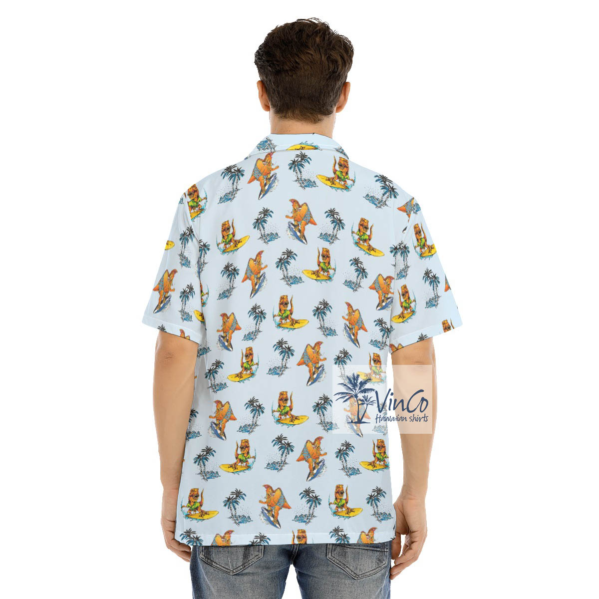 Funny Tropical Dinosaur Surfing Hawaiian Shirt