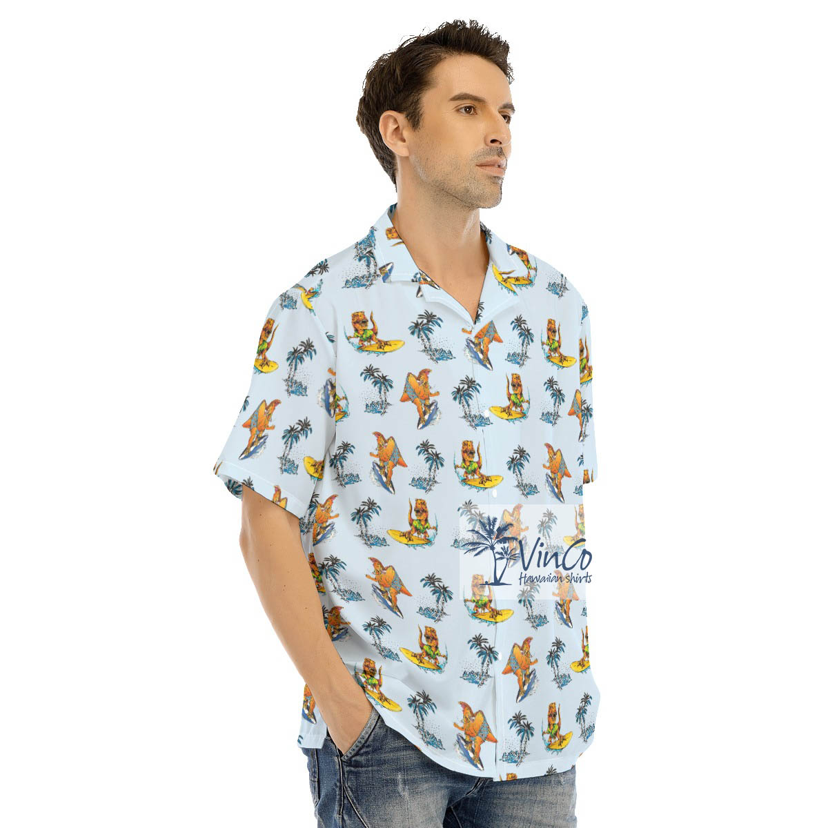 Funny Tropical Dinosaur Surfing Hawaiian Shirt