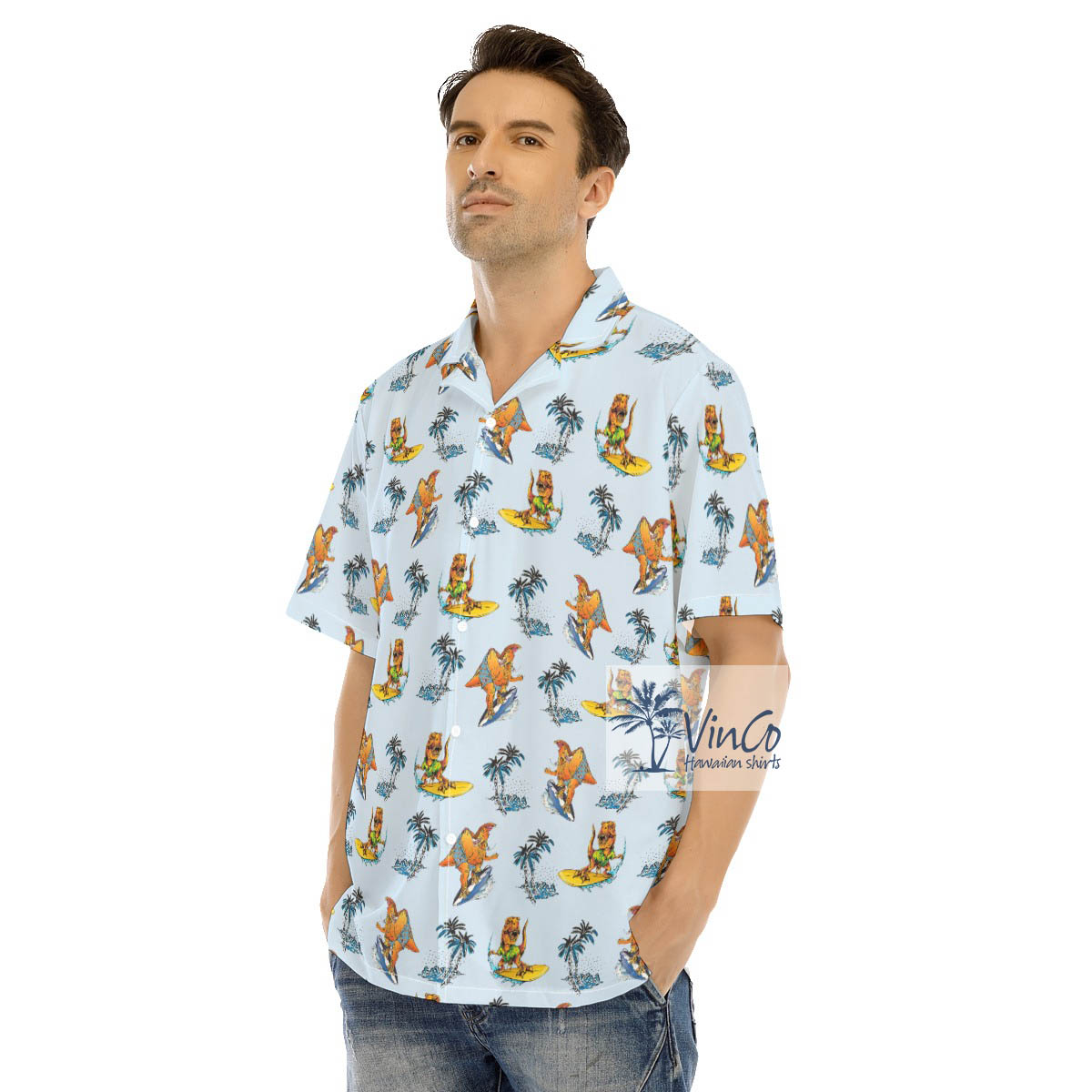 Funny Tropical Dinosaur Surfing Hawaiian Shirt