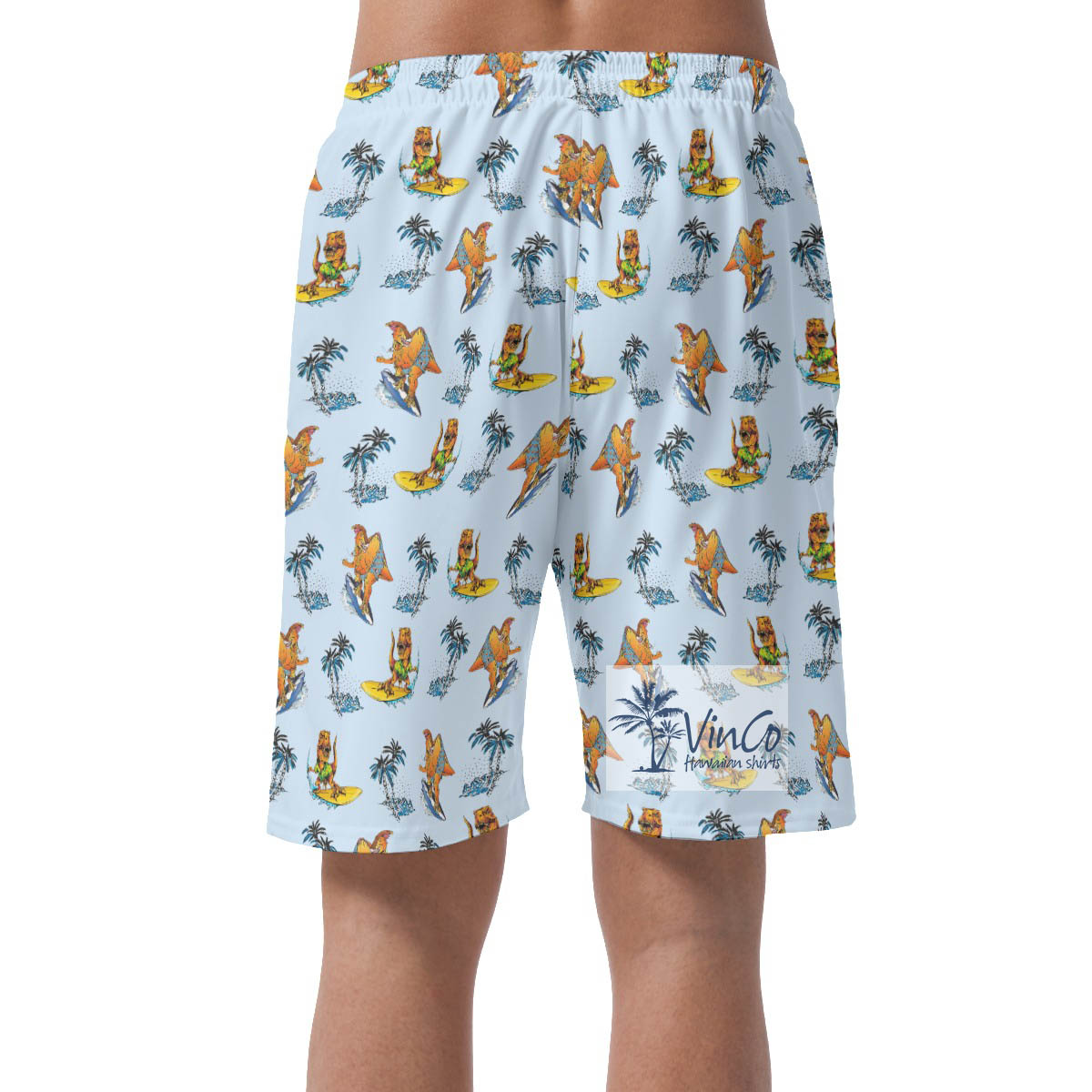 Tropical Palm Tree Surfing Dinosaur Blue Hawaiian Beach Shorts For Men