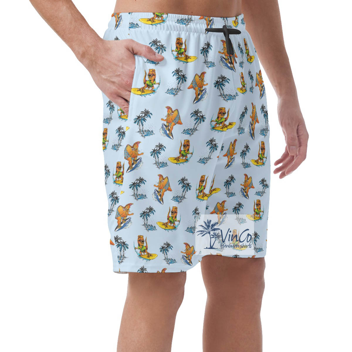 Tropical Palm Tree Surfing Dinosaur Blue Hawaiian Beach Shorts For Men