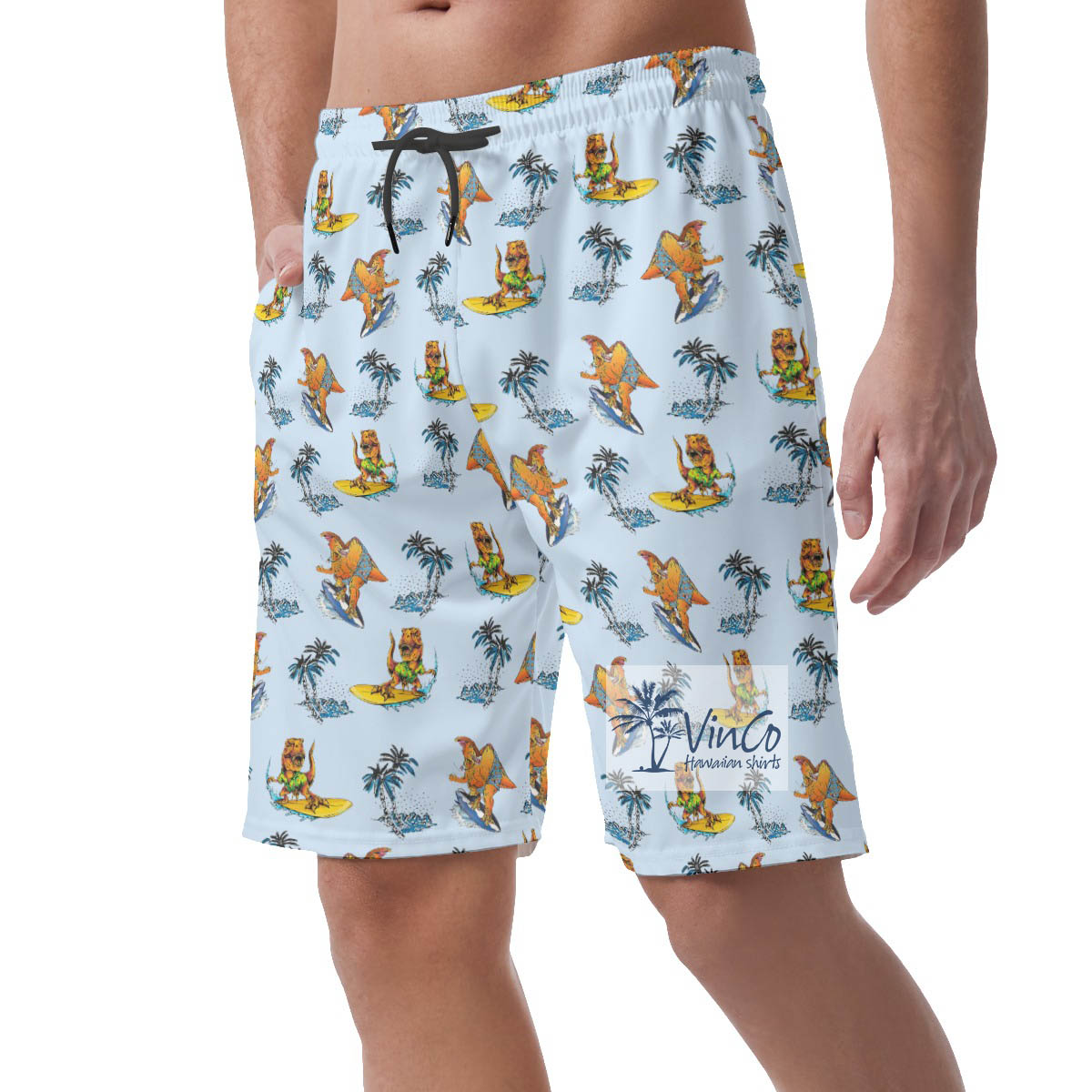 Tropical Palm Tree Surfing Dinosaur Blue Hawaiian Beach Shorts For Men