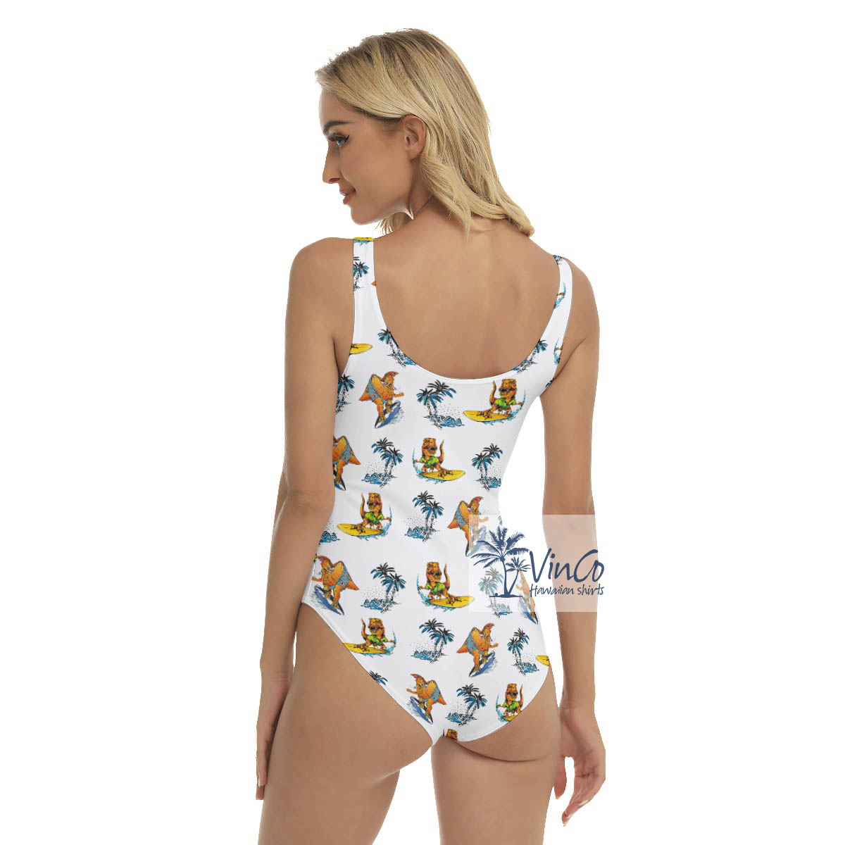 Funny Dinosaur Surfing Tropical Palm Tree Hawaiian Swimsuit For Women