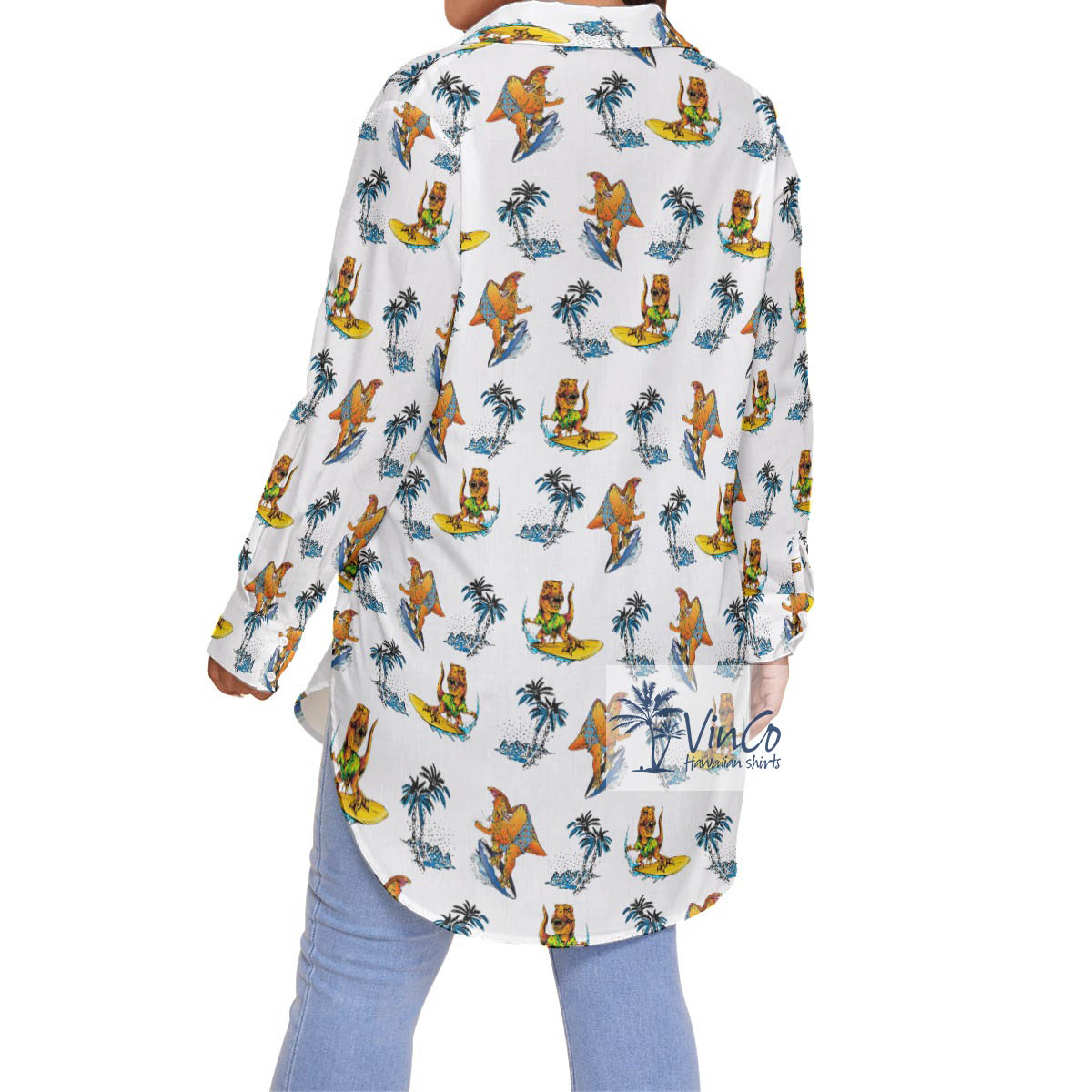 Funny Palm Tree Dinosaur Surfing Hawaiian Oversize Shirt For Women
