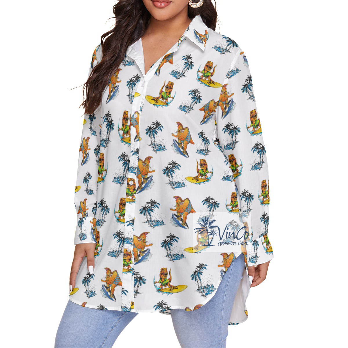 Funny Palm Tree Dinosaur Surfing Hawaiian Oversize Shirt For Women